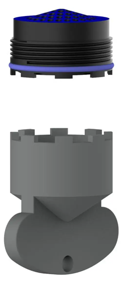 Strahlregler von Keuco in Schwarz und Blau, bestehend aus zwei Teilen. Oben ein perforierter Deckel, unten eine graue Halterung mit Auslass.
